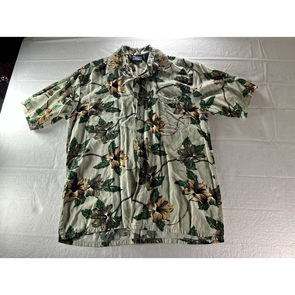 VTG Puritan Hawaiian Shirt Mens Small Green Floral Vine All Over Print 90s Rayon